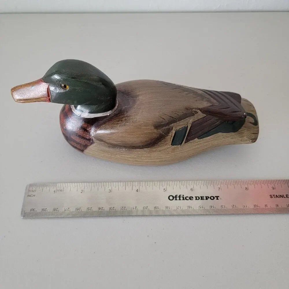 Vintage Hand Painted Wooden Duck Decoy Hand Carved Mallard Figurine Glass Eyes